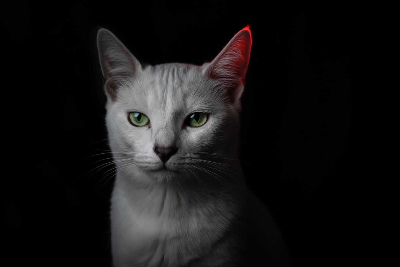 Kedi kimliği laboratuvarının örnek portresi; koyu fonda beyaz bir kedi.
