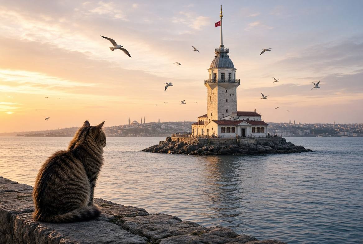 Kız Kulesi gece görünümü.
