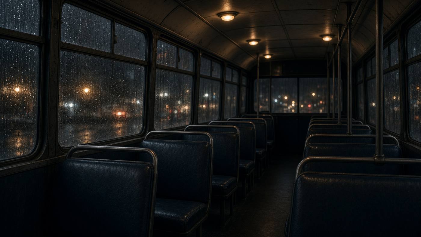 Yağmurlu camların ardından görünen gece otobüsü.