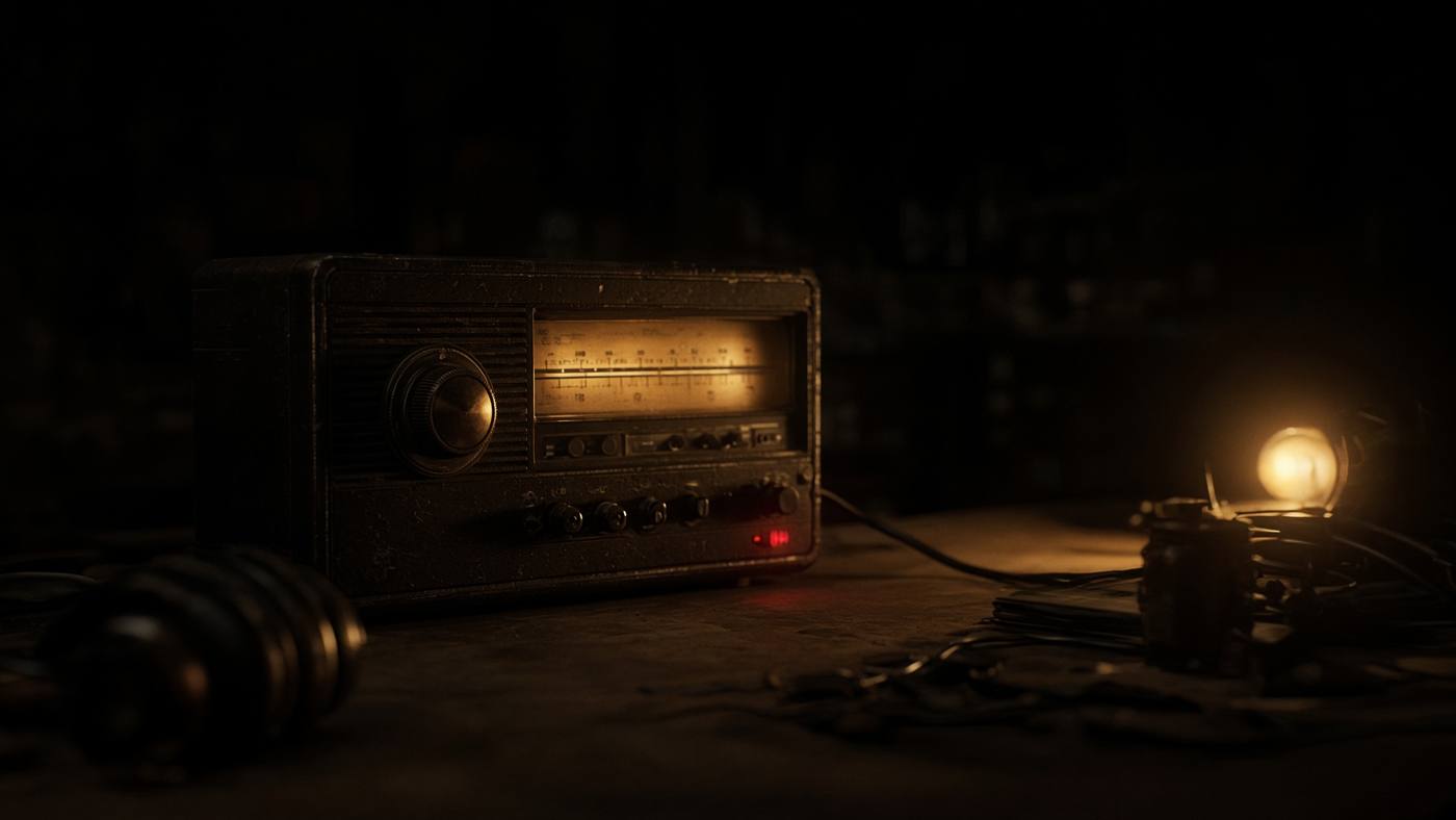 Karanlık bir masada eski bir analog radyo.